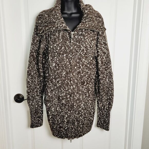 Chicos Cardigan Large Brown Long Turtleneck Sweater Funnel Zip Chunky Cozy Comfy - Picture 1 of 15